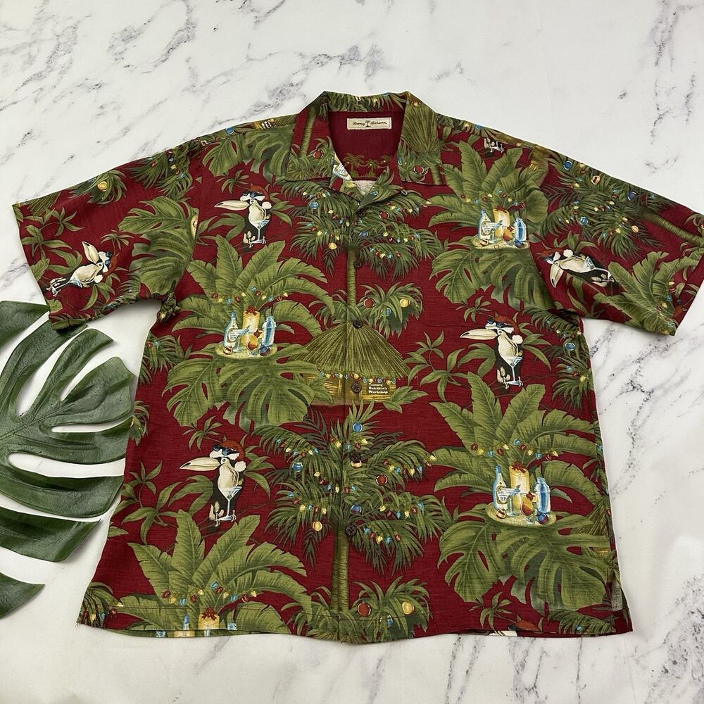 Tommy Bahama Mens Christmas Hawaiian Shirt Size L Red Toucan Lights Palms Silk